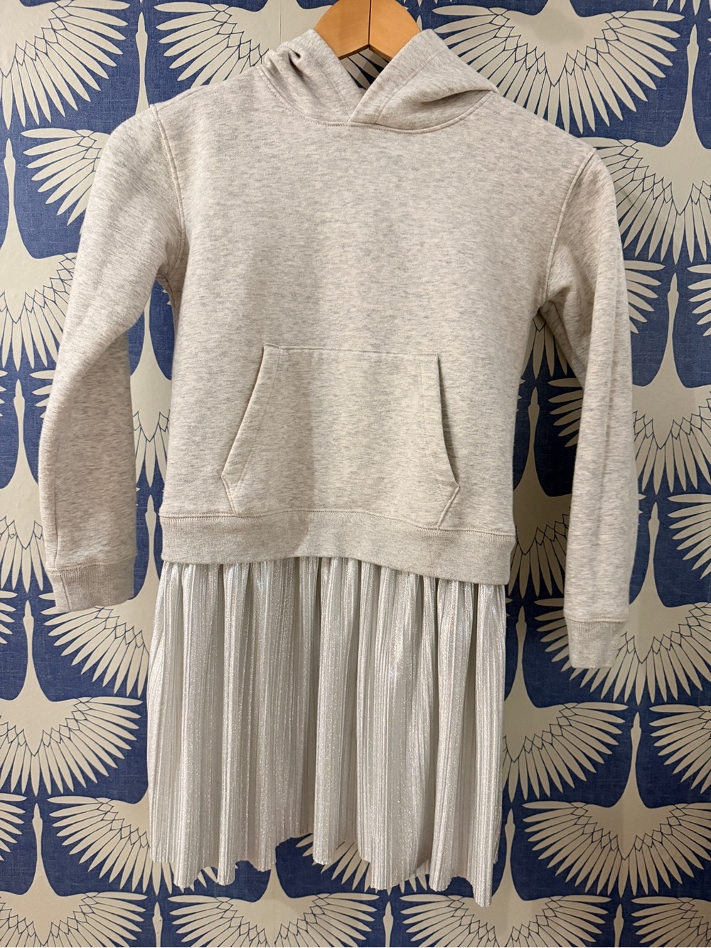 Crewcuts Light Gray Hooded Sweatshirt Dress with Pleated Silver Skirt